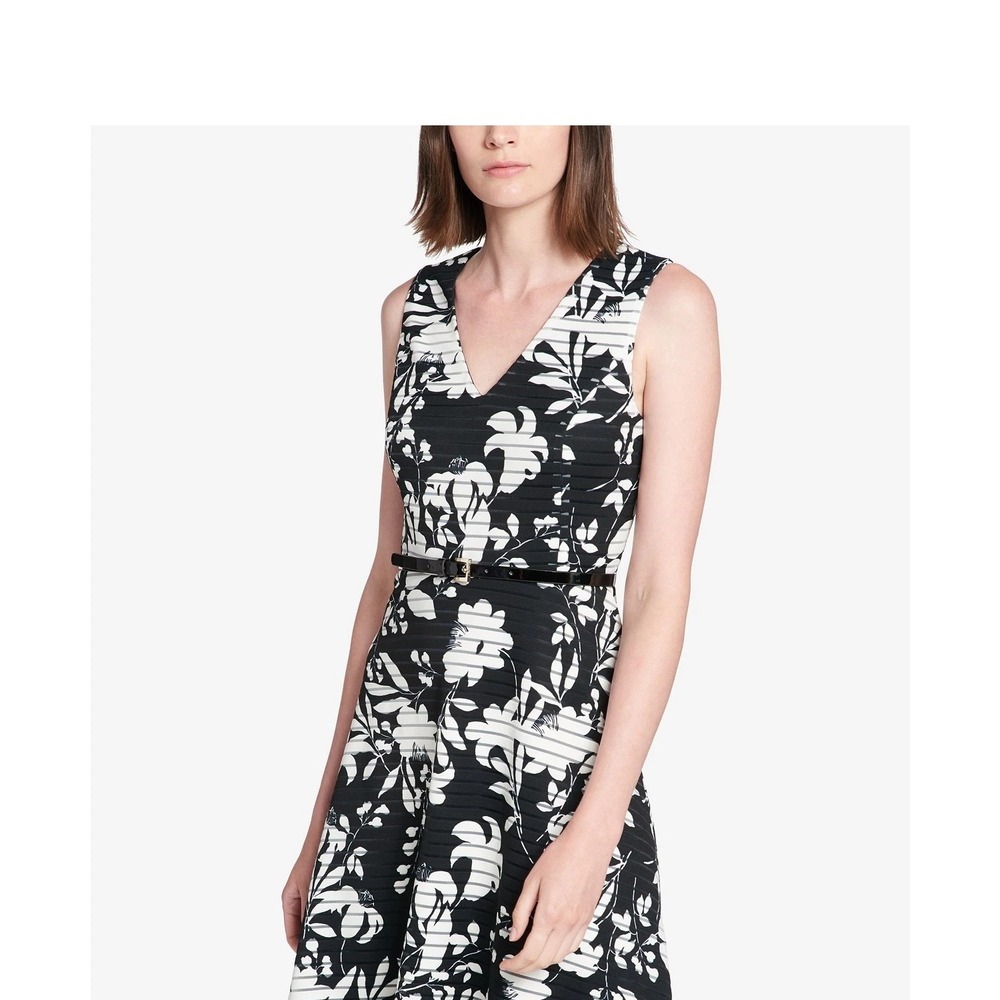 Tommy‎ Hilfiger Sheer Stripe Scuba V Neck Fit Flare Black White Floral Dress 4